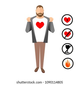 Man on a white background. Man shows his heart. Character for advertising.