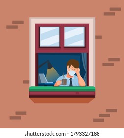 man on window work from home. man felling stress and bored in quarantine activities symbol concept in cartoon illustration vector