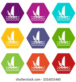 Man on windsurf icon set many color hexahedron isolated on white vector illustration