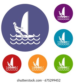 Man on windsurf icons set in flat circle reb, blue and green color for web
