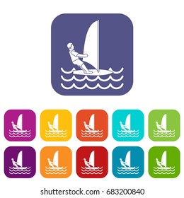 Man on windsurf icons set vector illustration in flat style in colors red, blue, green, and other