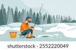 Man on winter fishing. Fisherman with a fishing rod on the background of a winter landscape. Hobby concept. Illustration