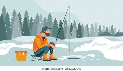 Man on winter fishing. Fisherman with a fishing rod on the background of a winter landscape. Hobby concept. Illustration