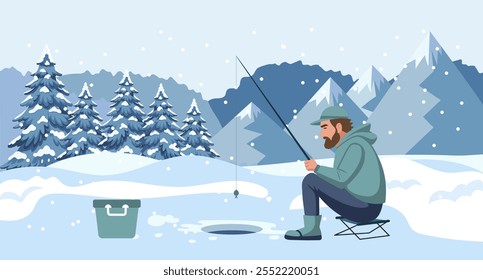 Man on winter fishing. Fisherman with a fishing rod on the background of a winter landscape. Hobby concept. Illustration