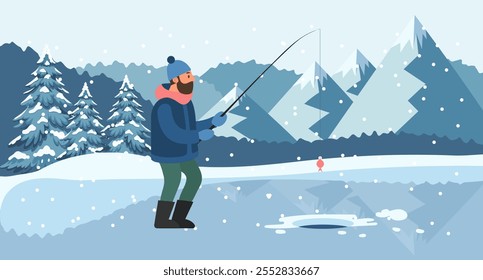 Man on winter fishing. Fisherman with a fishing rod on the background of a winter landscape. Hobby concept. Illustration