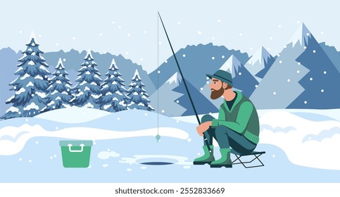 Man on winter fishing. Fisherman with a fishing rod on the background of a winter landscape. Hobby concept. Illustration