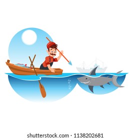 A man on a wooden boat hunting a huge fish.