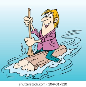 Man on a wooden raft.