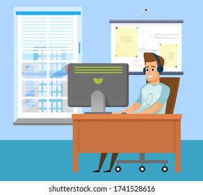 Man on workplace, portrait view of smiling employee in headset working with computer, monitor of pc on desktop, window and board decoration vector