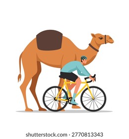 A man on a yellow racing bicycle is riding alongside a large brown camel, both facing right, on a white background.