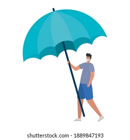 man with one big umbrella and one safety mask on a white background vector illustration design