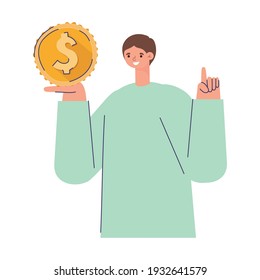 man with one coin in the hand on a white background vector illustration design