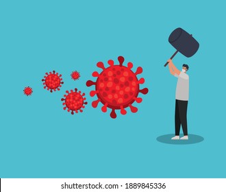 man with one hammer, red particles and one safety mask on a blue background vector illustration design