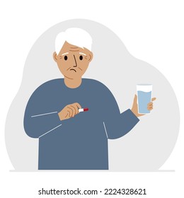 A man in one hand holds medicine or a pill in another glass of water. The concept of taking medicine to treat diseases, taking vitamins or food supplements with water. Vector flat illustration