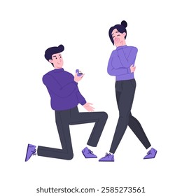 Man at one knee give rings to woman. Love, romance and passion. Boyfriend and girlfriend at romantic meeting. Cartoon flat vector illustration 