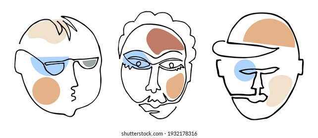 Man. One line drawing abstract face. Modern continuous line art man portrait, minimalist contour. For home decoration, posters, wall, textile, bag, t-shirt design. Hand drawn vector.
