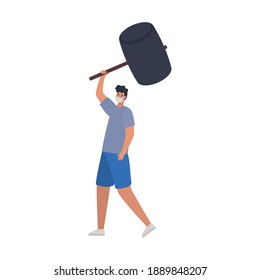 man with one safety mask and one big hammer over a white background vector illustration design