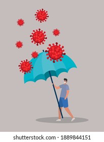 man with one safety mask, red particles and one umbrella over gray background vector illustration design