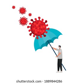 hombre con una máscara de seguridad, partículas rojas y un paraguas sobre un diseño de ilustración vectorial de fondo blanco