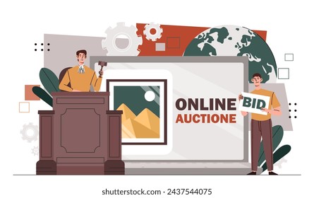 Hombre con subasta en línea. Joven con mazo. Comprar y vender imágenes. Acuerdos financieros. Comprador con pujas. Ilustración plana del vector de la historieta aislada sobre fondo blanco