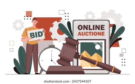 Man with online auction. Young guy with gavel and weights, scales. Buy and sell pictures. Financial deals and agreements. Cartoon flat vector illustration isolated on white background
