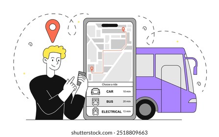 Man with online bus tickets. Young guy with smartphone buys pass on Internet. Urban infrastructure and transport system. Trip and travel. Linear vector illustration isolated on white background