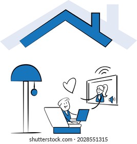 Man online call to loved one woman. Gay love or LGBT concept. Heart sign.isolated vector illustration doodle art. Call friend online chat. Social media flirt