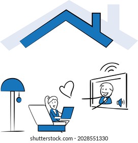 Man online call to loved one woman. Gay love or LGBT concept. Heart sign.isolated vector illustration doodle art. Call friend online chat. Social media flirt