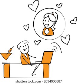 Man online call to loved one woman. Online love or love concept. Heart sign.isolated vector illustration doodle art. Call friend online chat. Social media flirt