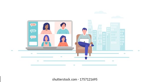 A man in an online chat with friends. A male character uses a laptop for a collective virtual meeting and group video conferencing. The concept of remote communication or remote work. 