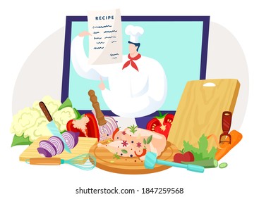 Man at online computer video course, internet culinary school with chef vector illustration. Cook food at kitchen, flat laptop class technology. People use recipe in broadcast blog concept.