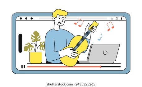 Man with online concert linear. Young guy with guitar in hands at smartphone screen or display. Blogger with video. Musical performance. Simple flat vector illustration isolated on white background