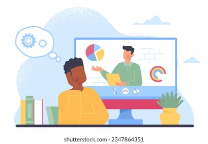 Hombre con concepto de curso en línea. Joven con monitor. El profesor da conferencias, muestra gráficos y diagramas. Educación y formación a distancia, aprendizaje. Dibujo vectorial plano de dibujos animados
