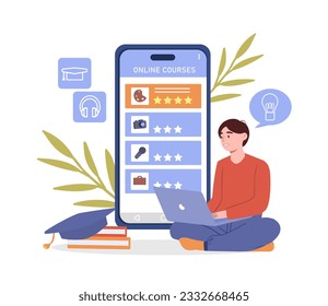 Man with online courses concept. Young guy with laptop chooses educational program, look at ratings. Knowledge and information, distance learning and training. Cartoon flat vector illustration