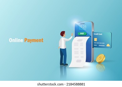 Man with online credit card payment and digital billing on smart phone. Mobile internet banking paying for electronic invoice, utilities, shopping bills.