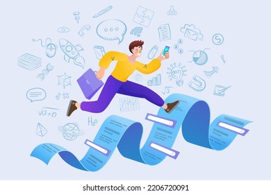 man with online data from mobile. Data analysis, strategy. Young man with a virtual monitor. Concept of digital technology. Remote business process management. Flat vector concept illustration.