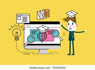 Man with online education. E-learning concept . flat thin line design elements. vector illustration