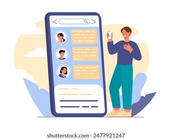 Man with online forum. Young guy with smartphone chatting online with men and girls. Communication and interaction in social networks. Cartoon flat vector illustration isolated on white background