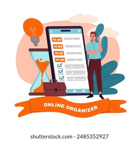 Man with online organizer. Young guy near briefcase, hourglass and tablet. Application for time management, planning and scheduling. Flat vector illustration isolated on white background