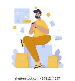 A man with online payment transaction, Cashless payment concept, Business financial technology, Banking mobile application, Vector illustration