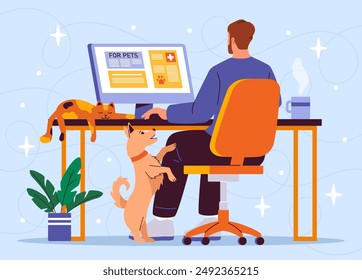 Man with online pet store. Young guy sits at computer and orders goods for cat and dog. Shopping on internet and home delivery. Cashless transactions and payment. Flat vector illustration