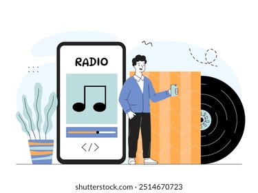 Man with online radio. Young guy with smartphone near gramophone record. Broadcasting and podcast, on air show. Person with favorite songs and playlists. Linear vector illustration
