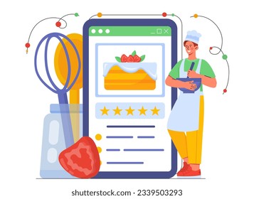 Man with online recipe concept. Man in chefs hat with mixer and plate near notebook. Young guy preparing cake with strawberries. Homemade pastry and bakery. Cartoon flat vector illustration