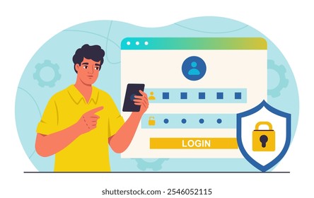 Homem com segurança online. Jovem rapaz com smartphone entra no login e senha. Segurança dos dados pessoais na Internet. Autenticação e autorização Ilustração de vetor plano