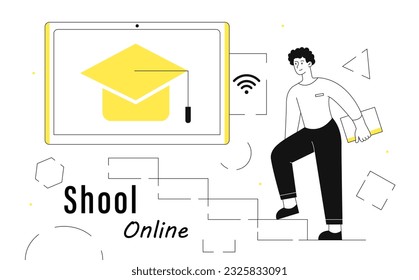 Man in online school line concept. Young guy climbs steps to screen with graduation cap. Education and training, learning. Distance lecture or webinar in University. Linear flat vector illustration