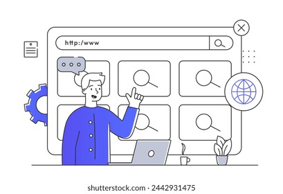 Hombre con la búsqueda en línea simple. Información y conocimientos en internet. Optimización de buscadores. Especialista en SMM en el lugar de trabajo. Doodle ilustración vectorial plana aislada sobre fondo blanco