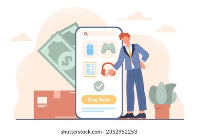 Man with online store concept. Young guy with smartphone mobile application for buying. Electronic commerce and marketing. Transfers and payment on internet. Cartoon flat vector illustration
