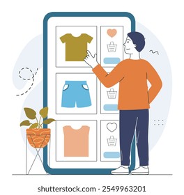 Hombre con lista de deseos en línea. Un chico joven compra ropa en Internet. Compras online y comercio electrónico. Transferencias y transacciones sin efectivo. Ilustración vectorial lineal aislada sobre fondo blanco