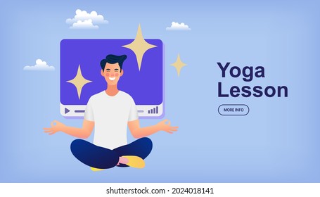 Man online yoga lesson. The concept of a healthy lifestyle through yoga without leaving home. The girl is meditating. modern vector illustration