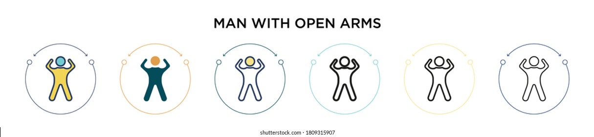 Man with open arms icon in filled, thin line, outline and stroke style. Vector illustration of two colored and black man with open arms vector icons designs can be used for mobile, ui, web